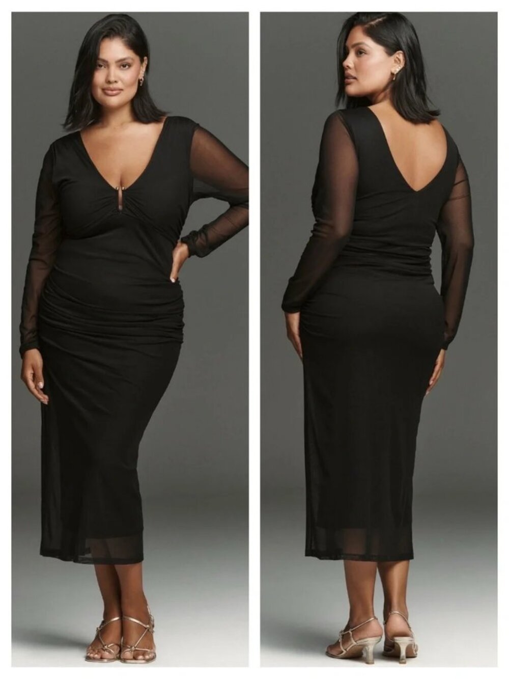 NEW Anthropologie Long-Sleeve Deep-V Hardware Midi Dress XL NWT Black